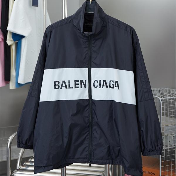 ブラック ナイロン調ジップジャケット BALENCIAGA ホワイトラインロゴ バレンシアガ コピー スタンドカラー フルジップ ワイドシルエット