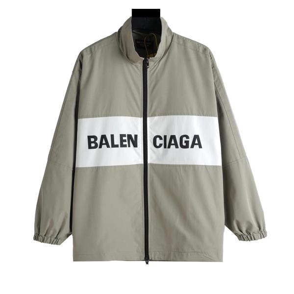 カーキグレー ジップジャケット BALENCIAGA ホワイトラインロゴ バレンシアガ コピー スタンドカラー フルジップ ナイロン調アウター