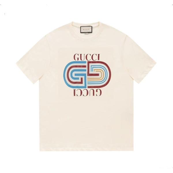  アイボリー 半袖Tシャツ GUCCI マルチカラーGGプリント グッチ コピー フロントロゴ クルーネック 無地バックデザイン