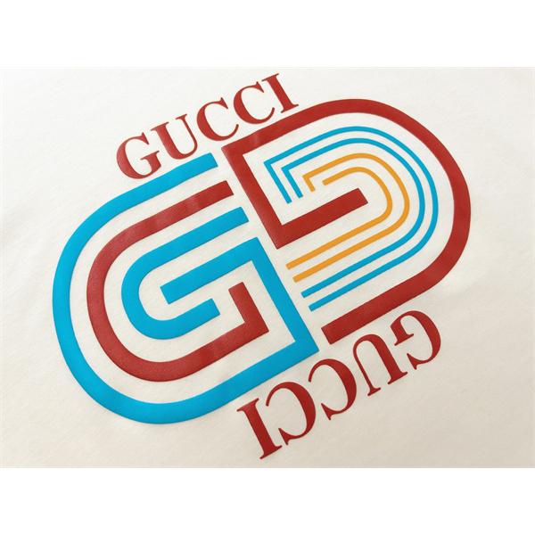  アイボリー 半袖Tシャツ GUCCI マルチカラーGGプリント グッチ コピー フロントロゴ クルーネック 無地バックデザイン