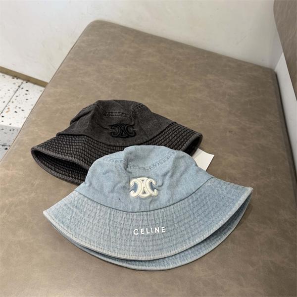 ライトブルー デニムバケットハット CELINE トリオンフ刺繍 セリーヌ コピー ロゴ入りブリム ウォッシュ加工風 ステッチデザイン