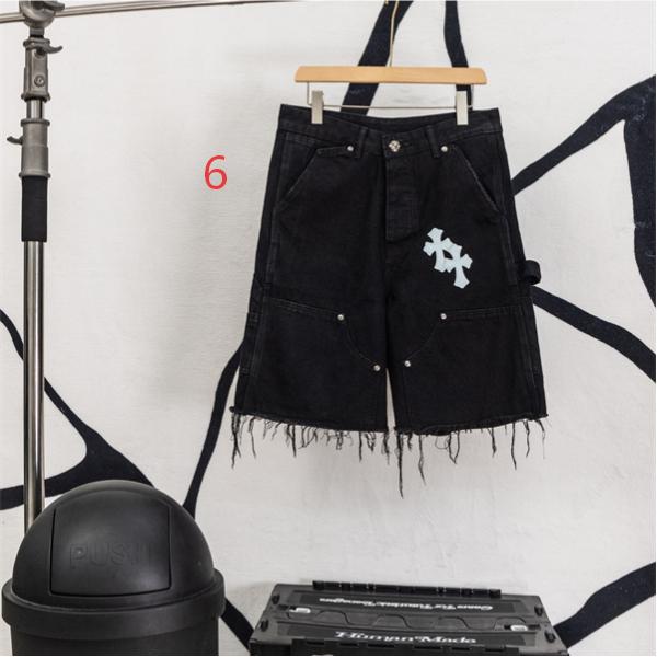 ブラックデニム ショートパンツ Chrome Hearts クロスパッチ装飾 クロムハーツ コピー カットオフ裾 レッドホワイト ワイドポケット