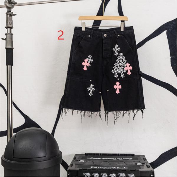 ブラックデニム ショートパンツ Chrome Hearts クロスパッチ装飾 クロムハーツ コピー カットオフ裾 レッドホワイト ワイドポケット