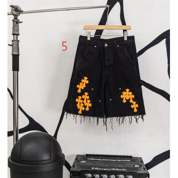 ブラックデニム ショートパンツ Chrome Hearts クロスパッチ装飾 クロムハーツ コピー カットオフ裾 レッドホワイト ワイドポケット
