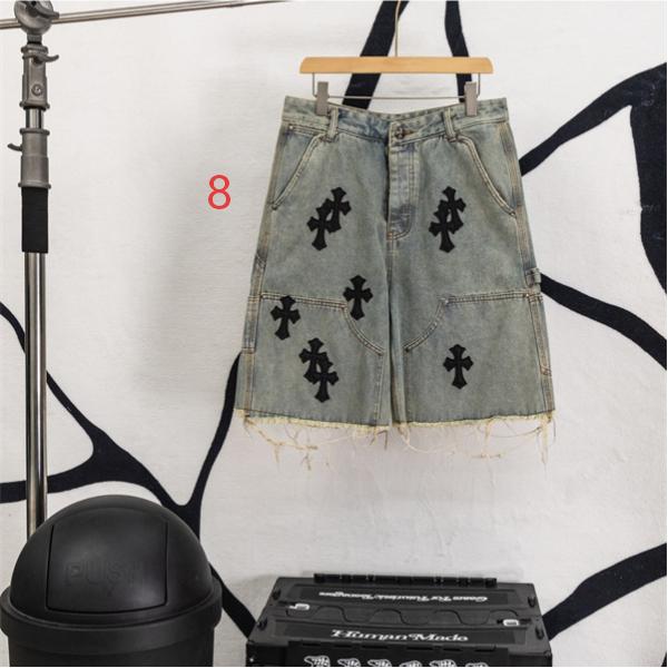ブラックデニム ショートパンツ Chrome Hearts クロスパッチ装飾 クロムハーツ コピー カットオフ裾 レッドホワイト ワイドポケット