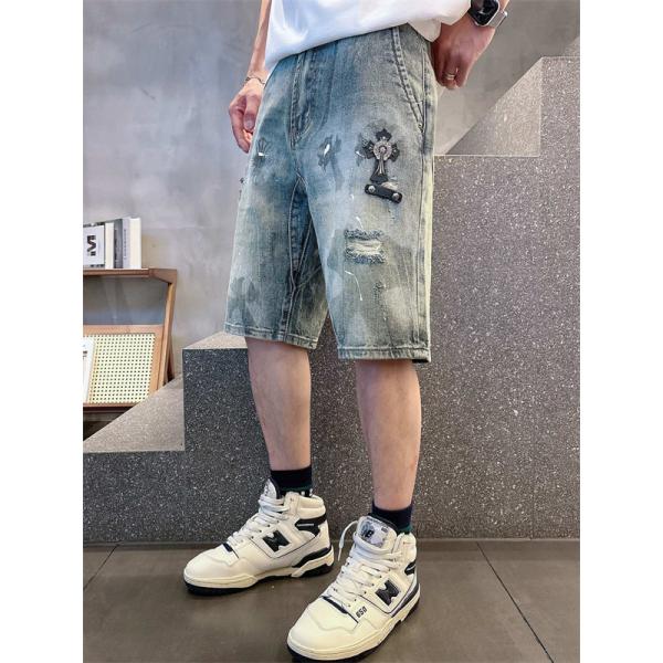 ラックデニム ショートパンツ Chrome Hearts クロスパッチ装飾 クロムハーツ コピー カットオフ裾 レッドホワイト ワイドポケット