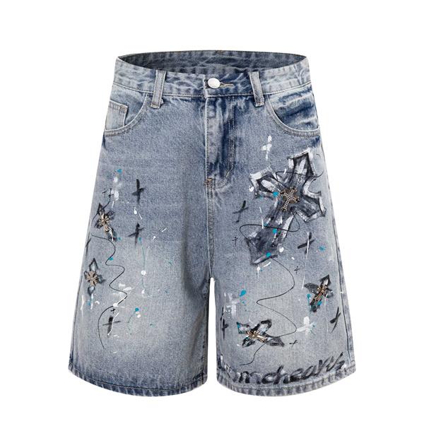 ラックデニム ショートパンツ Chrome Hearts クロスパッチ装飾 クロムハーツ コピー カットオフ裾 レッドホワイト ワイドポケット