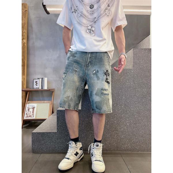 ラックデニム ショートパンツ Chrome Hearts クロスパッチ装飾 クロムハーツ コピー カットオフ裾 レッドホワイト ワイドポケット