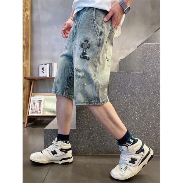 ラックデニム ショートパンツ Chrome Hearts クロスパッチ装飾 クロムハーツ コピー カットオフ裾 レッドホワイト ワイドポケット