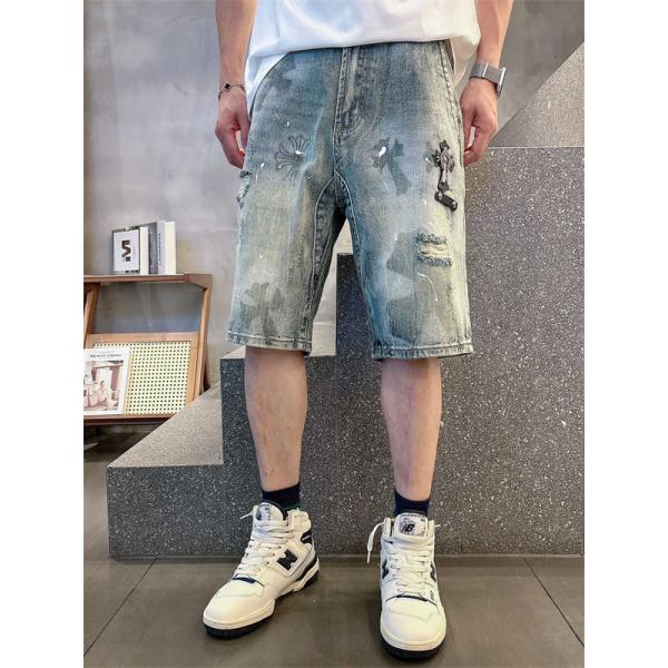 ラックデニム ショートパンツ Chrome Hearts クロスパッチ装飾 クロムハーツ コピー カットオフ裾 レッドホワイト ワイドポケット