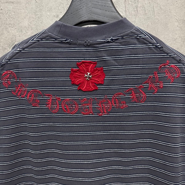 CHROME HEARTS クロムハーツ 2026新作 メンズ ボーダー 半袖Tシャツ クロス刺繍 オーバーサイズ ヴィンテージ風 高街系