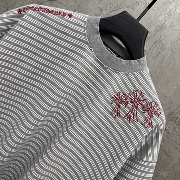 CHROME HEARTS クロムハーツ 2026新作 メンズ ボーダー 半袖Tシャツ クロス刺繍 オーバーサイズ ヴィンテージ風 高街系