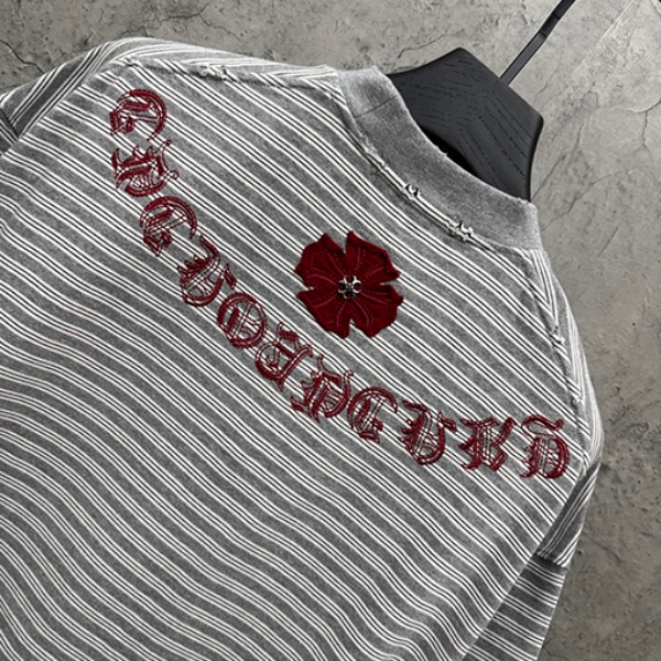 CHROME HEARTS クロムハーツ 2026新作 メンズ ボーダー 半袖Tシャツ クロス刺繍 オーバーサイズ ヴィンテージ風 高街系