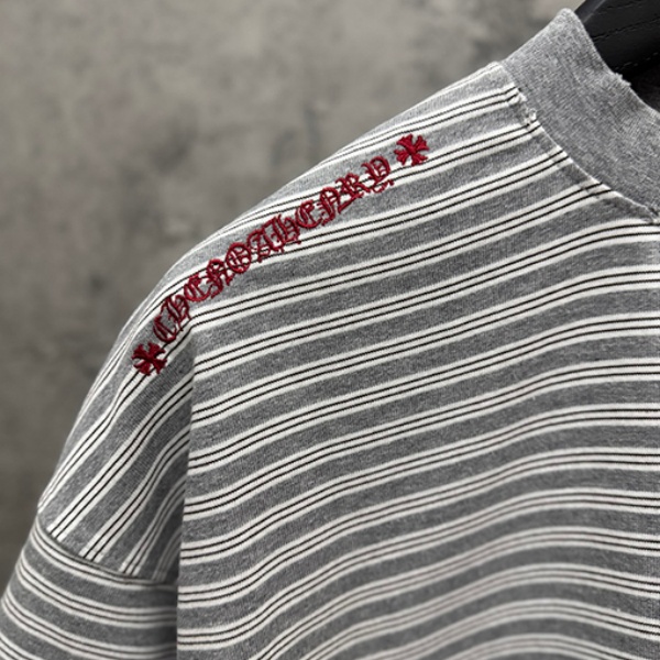 CHROME HEARTS クロムハーツ 2026新作 メンズ ボーダー 半袖Tシャツ クロス刺繍 オーバーサイズ ヴィンテージ風 高街系