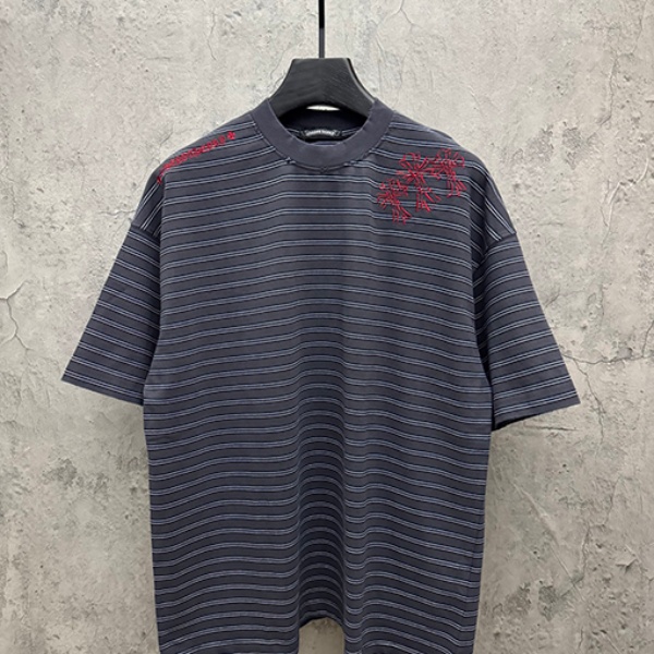 CHROME HEARTS クロムハーツ 2026新作 メンズ ボーダー 半袖Tシャツ クロス刺繍 オーバーサイズ ヴィンテージ風 高街系