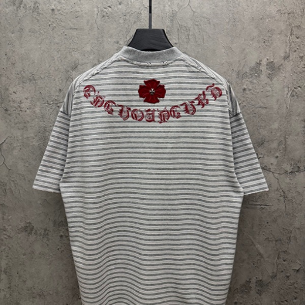 CHROME HEARTS クロムハーツ 2026新作 メンズ ボーダー 半袖Tシャツ クロス刺繍 オーバーサイズ ヴィンテージ風 高街系