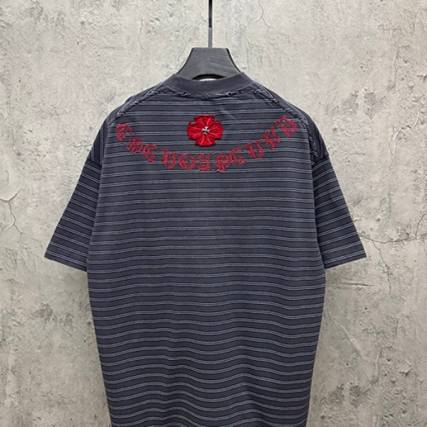 CHROME HEARTS クロムハーツ 2026新作 メンズ ボーダー 半袖Tシャツ クロス刺繍 オーバーサイズ ヴィンテージ風 高街系