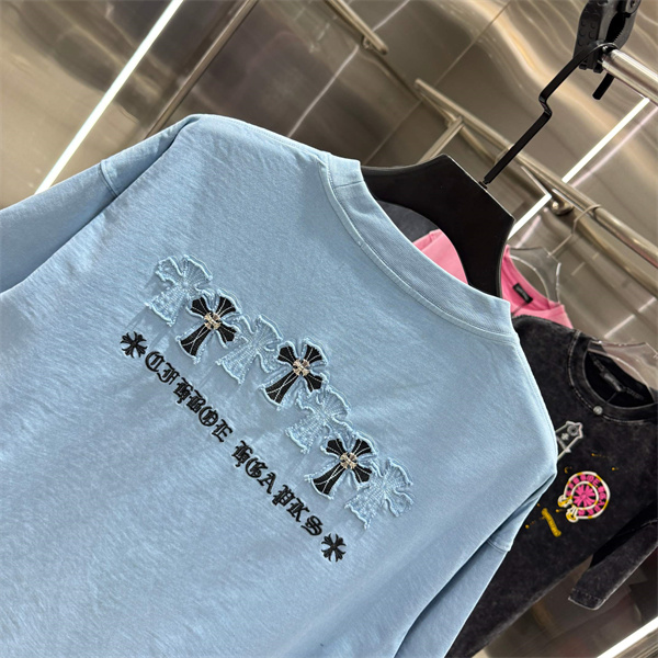 ライトブルー 半袖Tシャツ Chrome Hearts クロスパッチ装飾 クロム