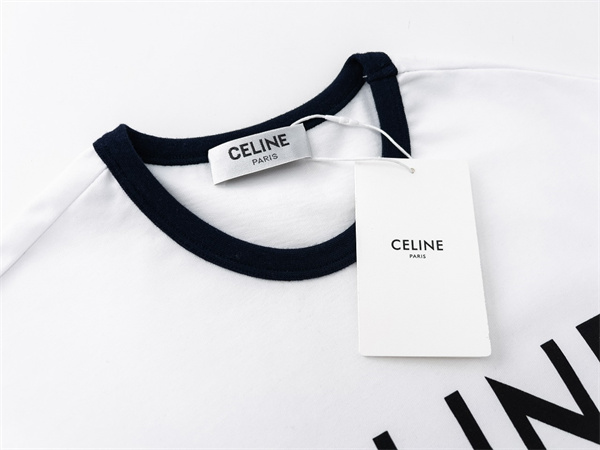  ホワイト リンガーTシャツ CELINE トリオンフロゴ セリーヌ コピー ブラックパイピング 半袖 クルーネック PARISプリント