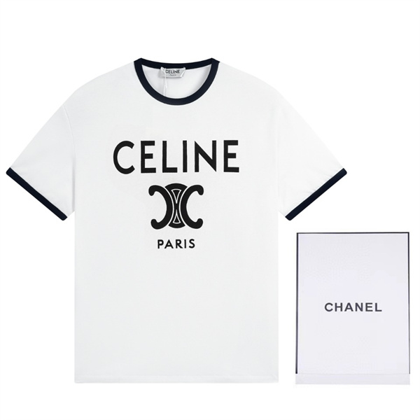  ホワイト リンガーTシャツ CELINE トリオンフロゴ セリーヌ コピー ブラックパイピング 半袖 クルーネック PARISプリント