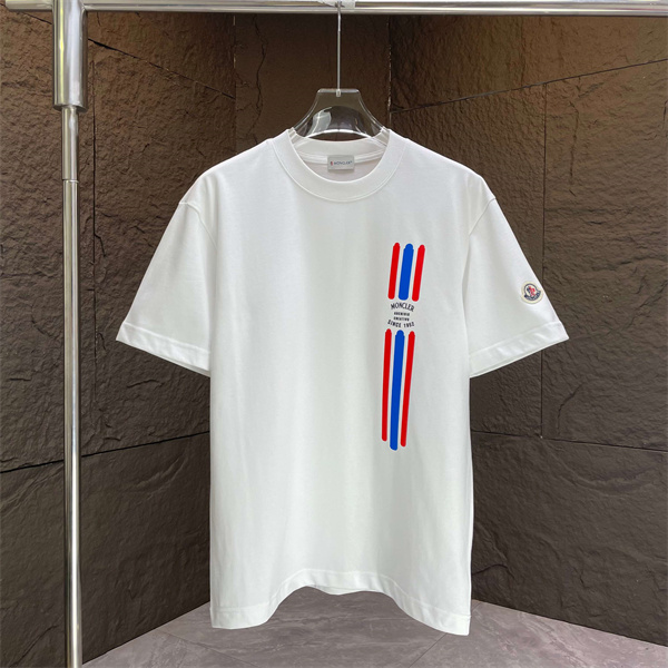  ホワイト 半袖Tシャツ MONCLER トリコロールライン モンクレール コピー 袖ロゴワッペン クルーネック フロント縦ロゴ