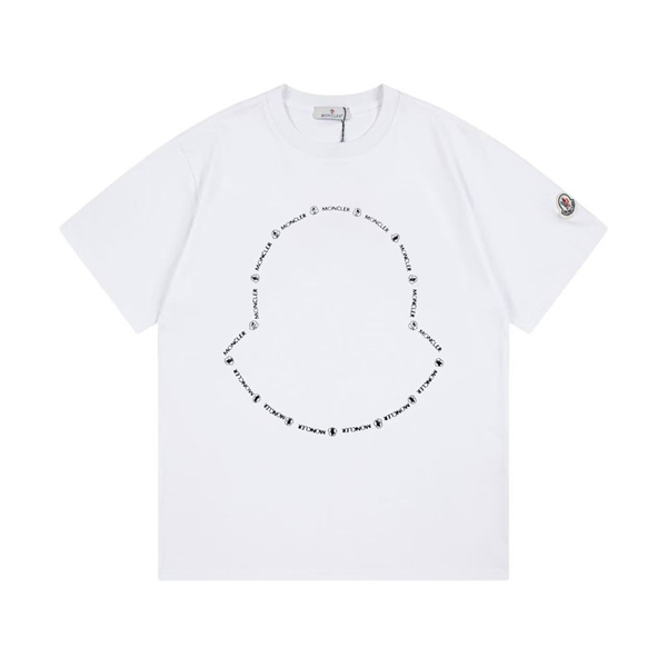 ブラック ホワイト 半袖Tシャツ MONCLER アウトラインロゴ モンクレール コピー 袖ワッペン クルーネック ブラックラインプリント