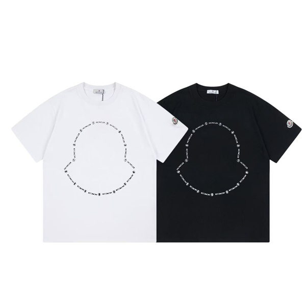 ブラック ホワイト 半袖Tシャツ MONCLER アウトラインロゴ モンクレール コピー 袖ワッペン クルーネック ブラックラインプリント