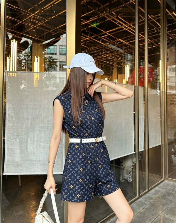 ネイビー ショートオールインワン Louis Vuitton LV総柄 ルイヴィトン コピー 襟付きトップス風