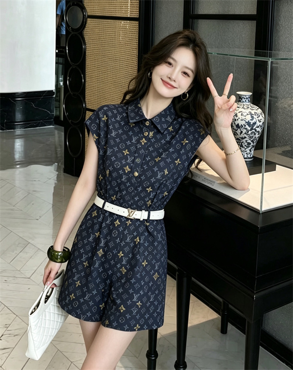 ネイビー ショートオールインワン Louis Vuitton LV総柄 ルイヴィトン コピー 襟付きトップス風