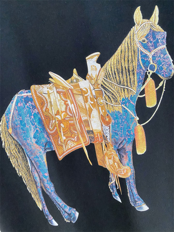 ブラック 半袖Tシャツ HERMES ホースプリント エルメス コピー サドルモチーフ クルーネック フロントグラフィック