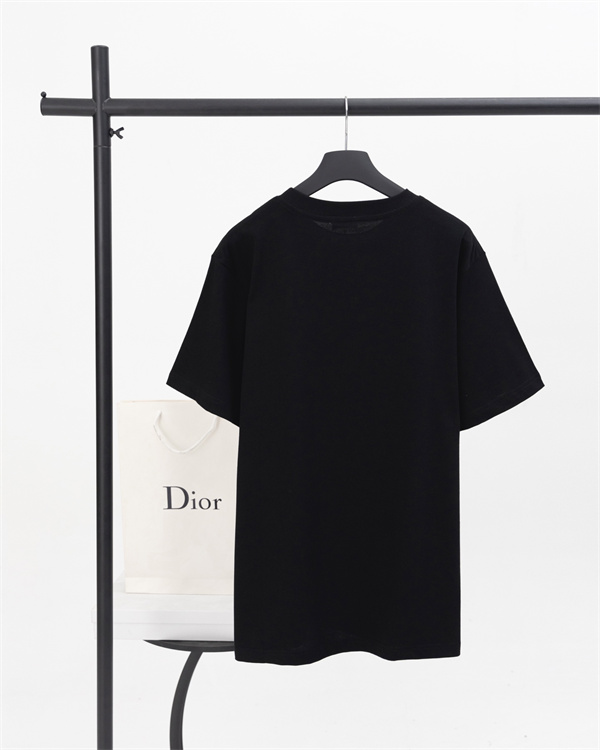 ブラック ホワイト 半袖Tシャツ DIOR フロントロゴ ディオール コピー ブラックライン刺繍風 クルーネック 無地バック