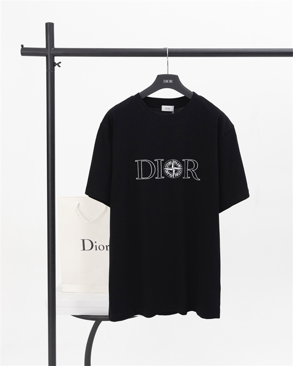ブラック ホワイト 半袖Tシャツ DIOR フロントロゴ ディオール コピー ブラックライン刺繍風 クルーネック 無地バック