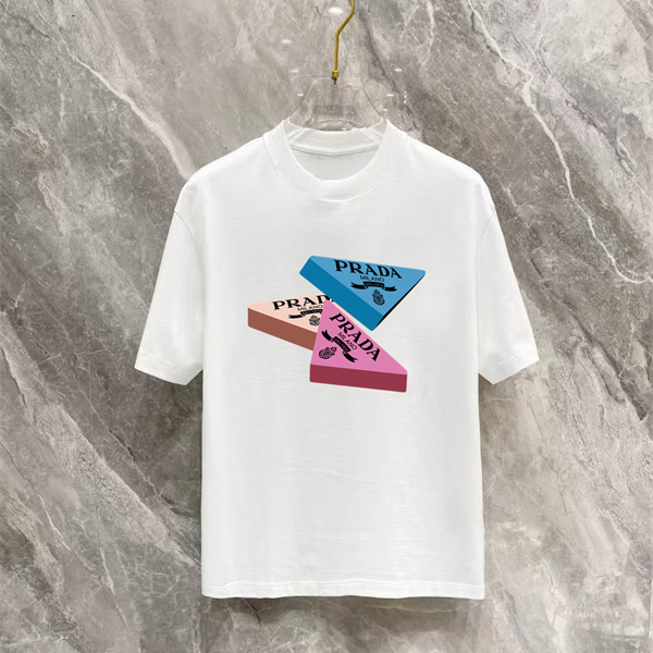 ホワイト 半袖Tシャツ PRADA トライアングルロゴ プラダ コピー カラーブロックプリント クルーネック フロントグラフィック