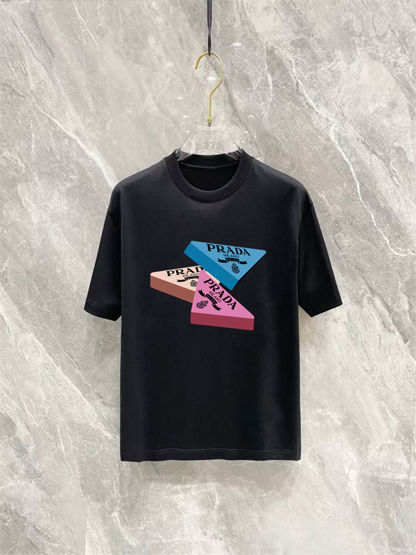 ホワイト 半袖Tシャツ PRADA トライアングルロゴ プラダ コピー カラーブロックプリント クルーネック フロントグラフィック