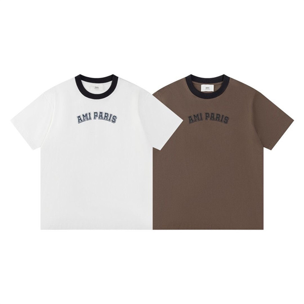 ホワイト リンガーTシャツ AMI PARIS 胸元ロゴ アミパリス コピー ブラックリブ 半袖 クルーネック
