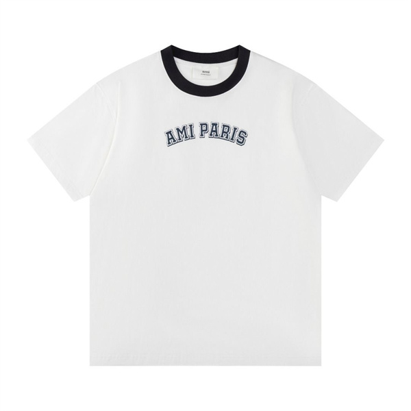ホワイト リンガーTシャツ AMI PARIS 胸元ロゴ アミパリス コピー ブラックリブ 半袖 クルーネック