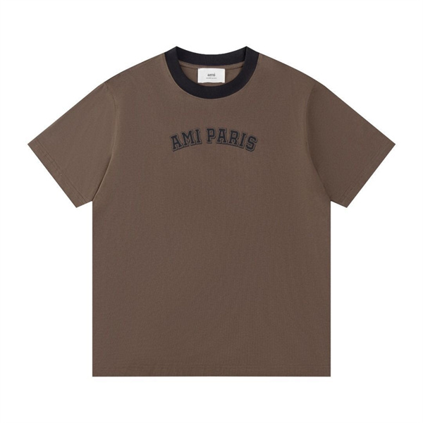 ホワイト リンガーTシャツ AMI PARIS 胸元ロゴ アミパリス コピー ブラックリブ 半袖 クルーネック