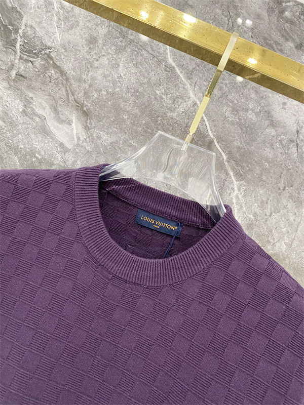 パープル 半袖ニットTシャツ Louis Vuitton ダミエ調編み柄 ルイヴィトン コピー 胸元ロゴ刺繍 クルーネック リブ襟