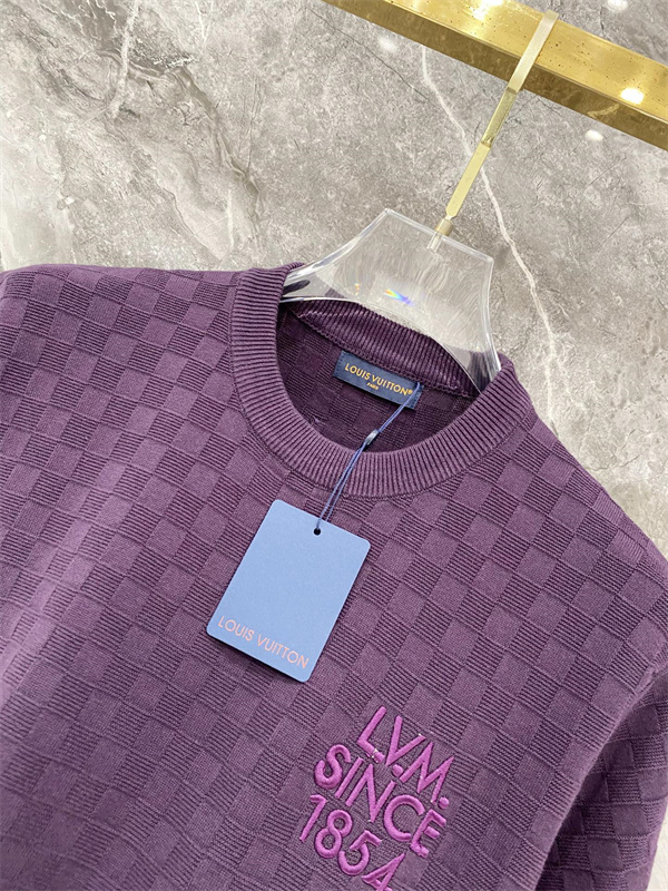 パープル 半袖ニットTシャツ Louis Vuitton ダミエ調編み柄 ルイヴィトン コピー 胸元ロゴ刺繍 クルーネック リブ襟