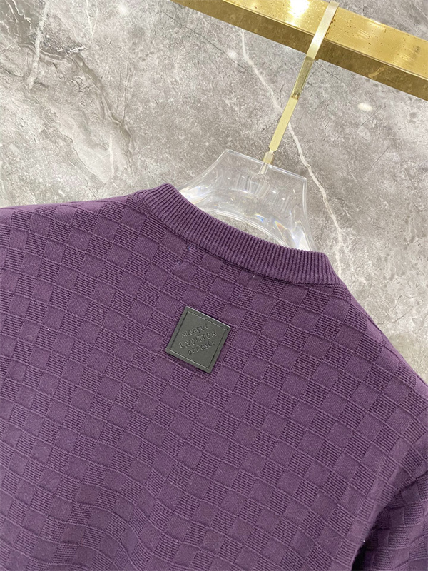 パープル 半袖ニットTシャツ Louis Vuitton ダミエ調編み柄 ルイヴィトン コピー 胸元ロゴ刺繍 クルーネック リブ襟
