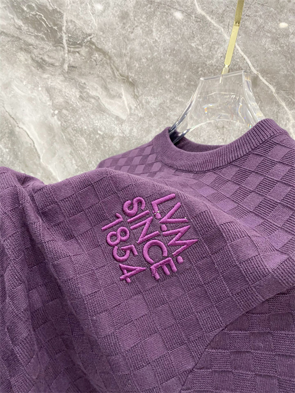 パープル 半袖ニットTシャツ Louis Vuitton ダミエ調編み柄 ルイヴィトン コピー 胸元ロゴ刺繍 クルーネック リブ襟