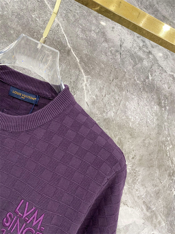 パープル 半袖ニットTシャツ Louis Vuitton ダミエ調編み柄 ルイヴィトン コピー 胸元ロゴ刺繍 クルーネック リブ襟