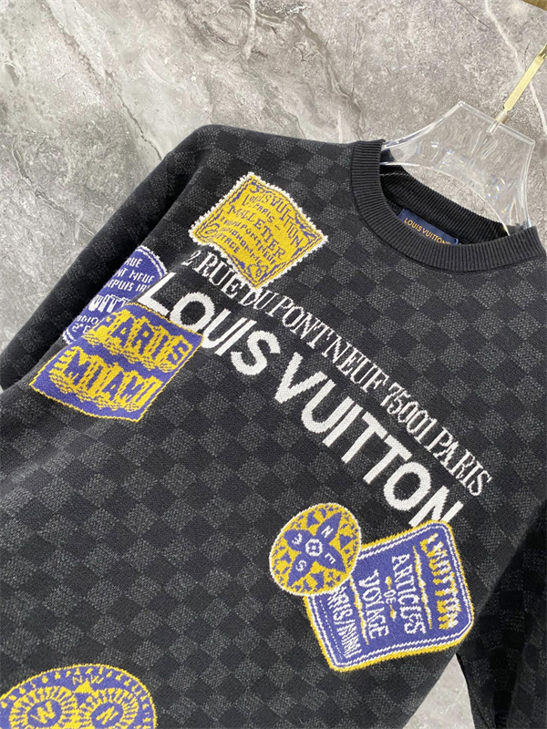 ブラック 半袖ニットTシャツ Louis Vuitton ダミエ調総柄 ルイヴィトン コピー マルチパッチ刺繍 クルーネック ロゴデザイン