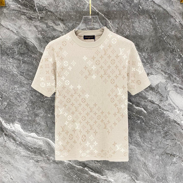 ベージュ 半袖ニットTシャツ Louis Vuitton モノグラム総柄 ルイヴィトン コピー 同色ロゴ編み クルーネック リブ襟