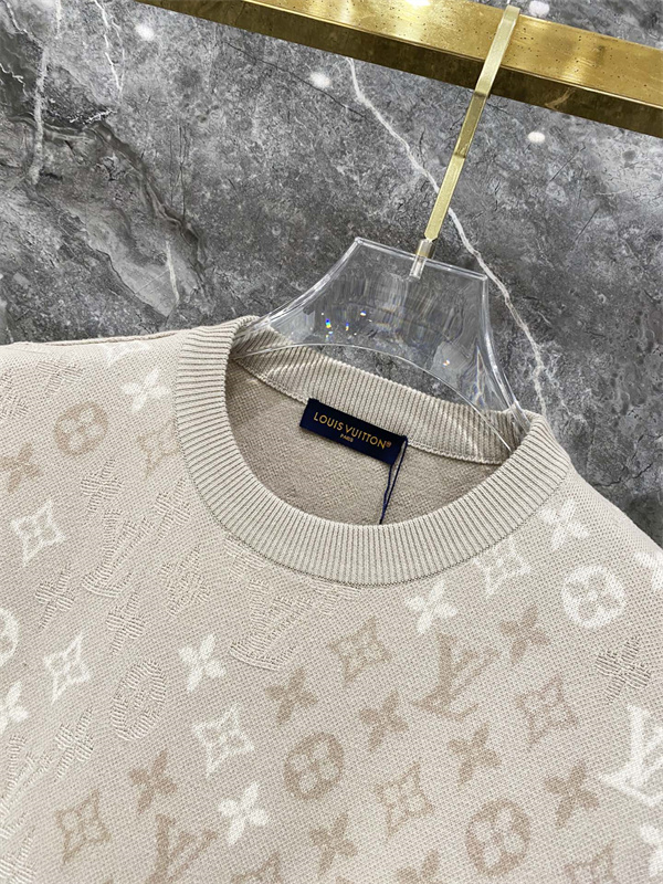 ベージュ 半袖ニットTシャツ Louis Vuitton モノグラム総柄 ルイヴィトン コピー 同色ロゴ編み クルーネック リブ襟