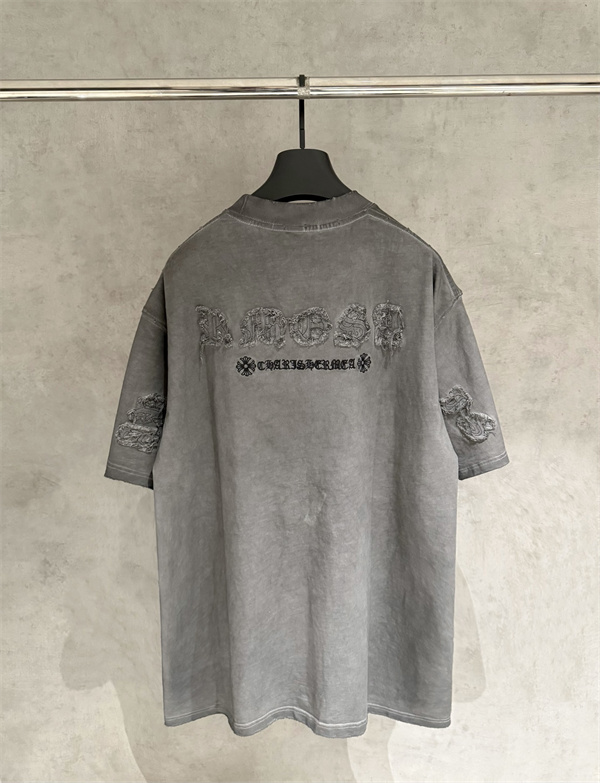  ウォッシュグレー 半袖Tシャツ Chrome Hearts 胸元ロゴプリント クロムハーツ コピー ヴィンテージ加工 クルーネック