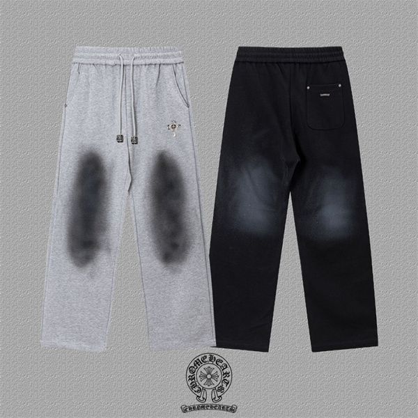  グレー スウェットパンツ Chrome Hearts クロムハーツ コピー クロスロゴ 膝ウォッシュ加工 ドローコード付き イージーパンツ