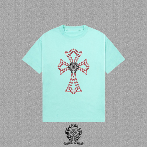  ミントグリーン ホワイト 半袖Tシャツ Chrome Hearts クロスプリント クロムハーツ コピー フロントビッグロゴ クルーネック カジュアルトップス