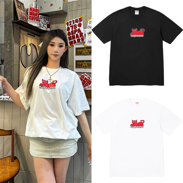 ブラック 半袖Tシャツ Supreme デビルロゴ シュプリーム コピー クルーネック ストリートトップス