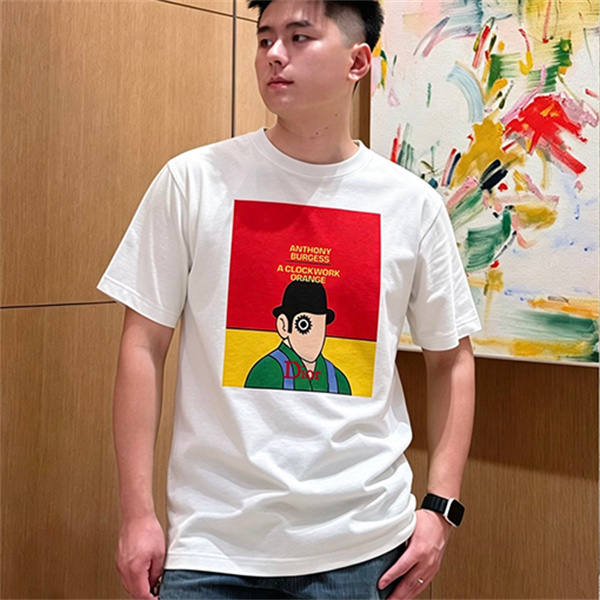 ホワイト 半袖Tシャツ Dior アートグラフィックプリント ディオール コピー カラーブロック クルーネック メンズカジュアル